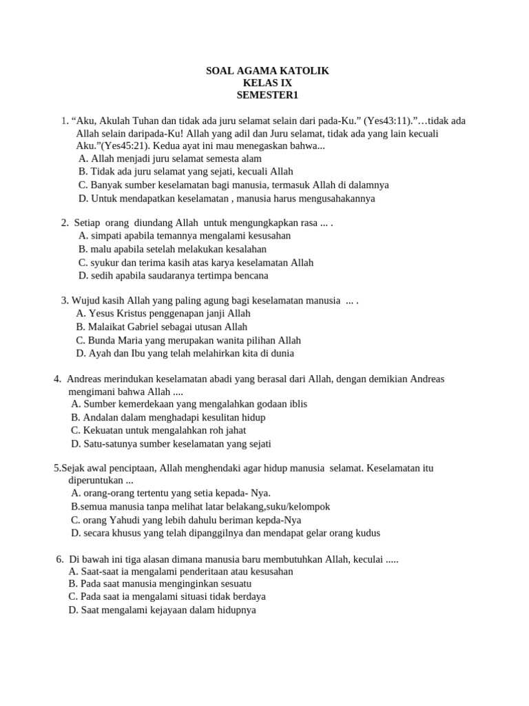 Soal Agama Katolik Kelas 9 Semester 1 PDF