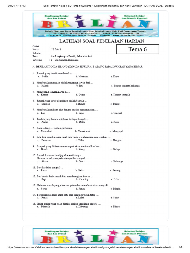 5 Contoh Soal Tema 6 Subtema 1 Kelas 1 SD yang Wajib Dikuasai Sebelum Ulangan