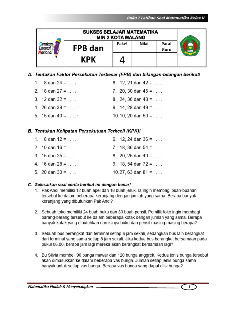 Soal FPB dan KPK untuk Kelas V PDF