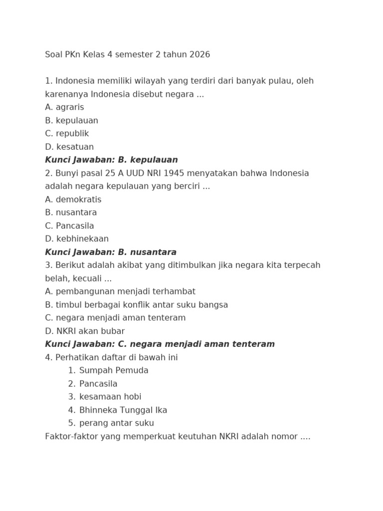 Soal PKn Kelas 4 Semester 2 Tahun 2026 PDF