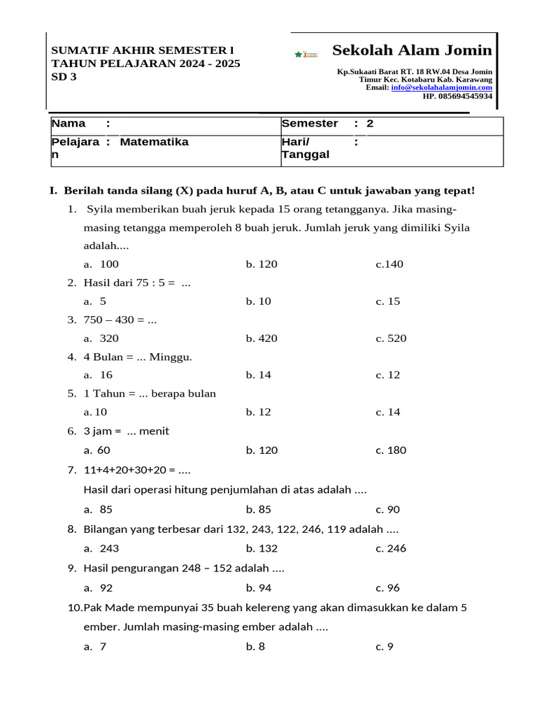 Rahasia Nilai Sempurna dengan Kumpulan Soal MTK Kelas 3 SD Semester 2 Terbaru Rahasia Nilai Sempurna dengan Kumpulan Soal MTK Kelas 3 SD Semester 2 Terbaru