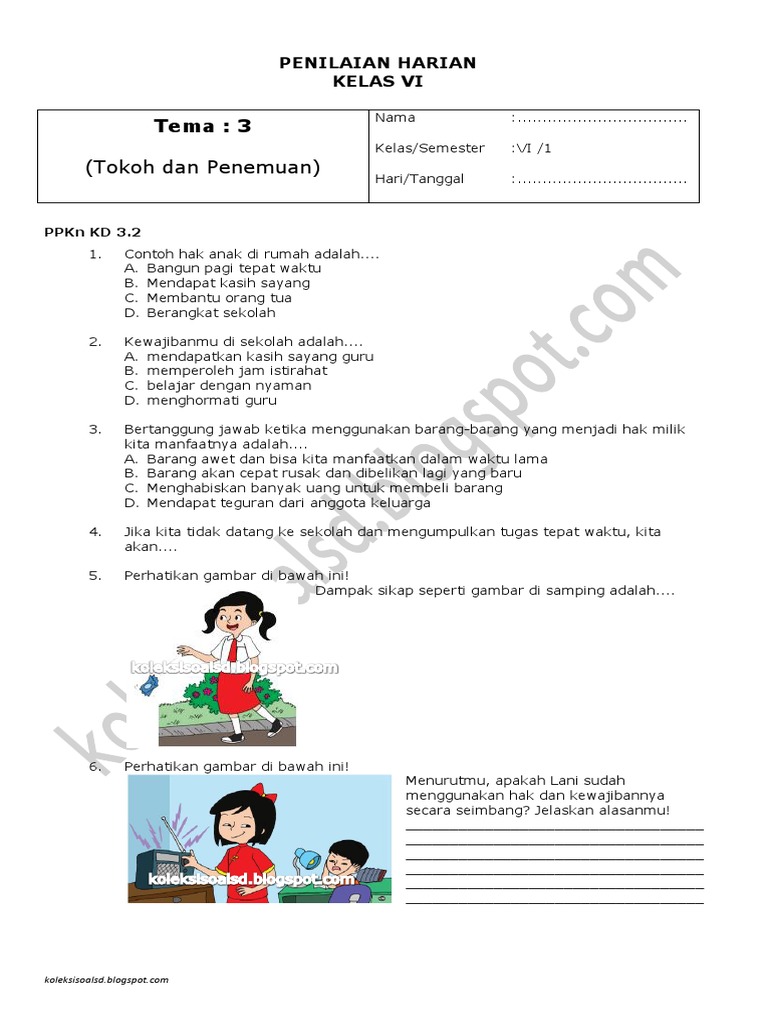 kumpulan soal penilaian harian pkn tema 3 kelas 6